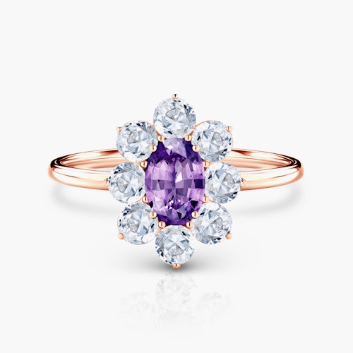 Pierścionek zaręczynowy SAVICKI: różowe złoto, fioletowy szafir, białe szafiry